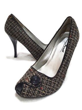 Anne Michelle Black Multicolor Tweed Open Toe Pumps Size 8